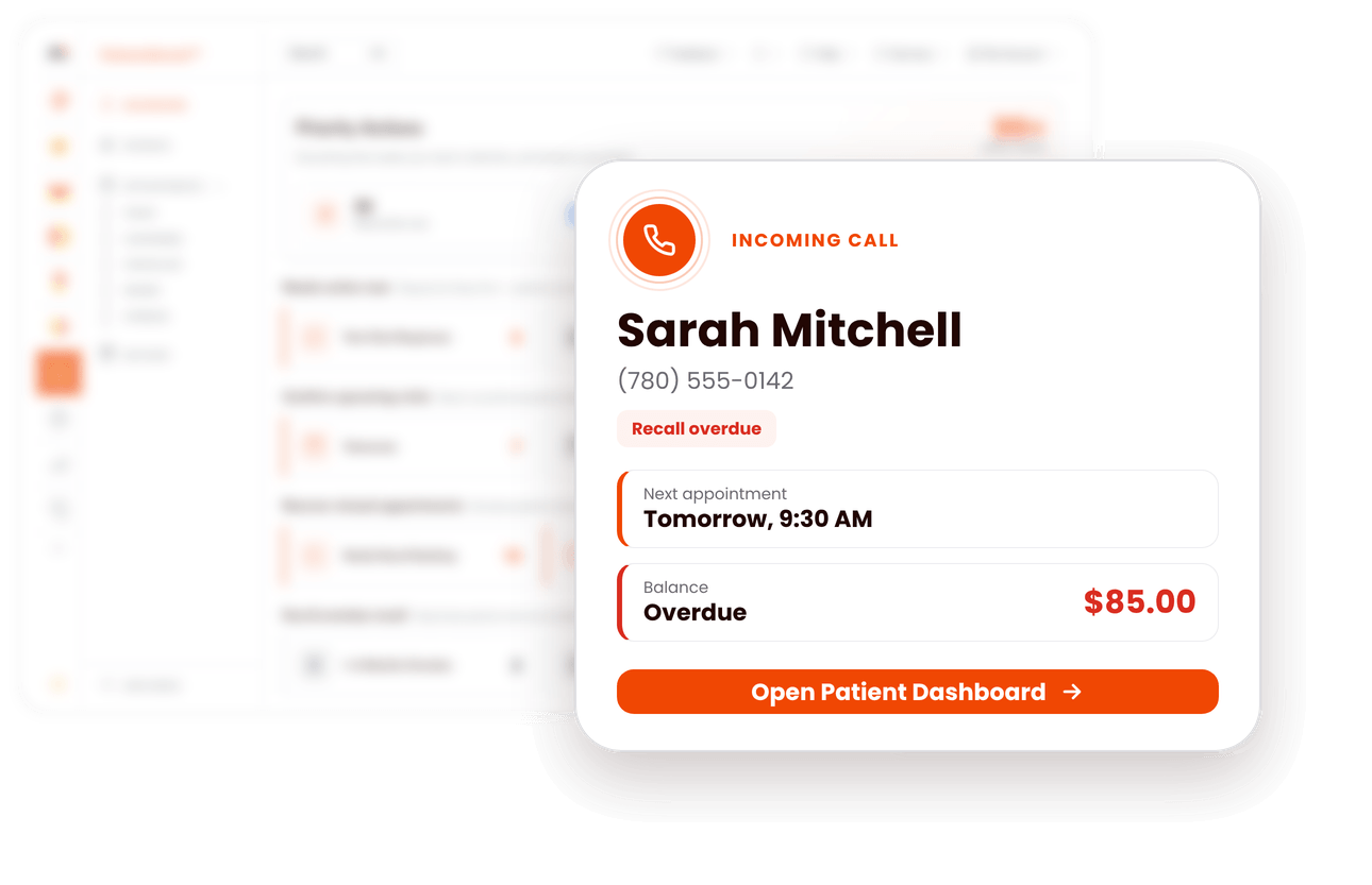 Call.Dental VoIP phone system shows your team the caller's name and patient dashboard before they answer.